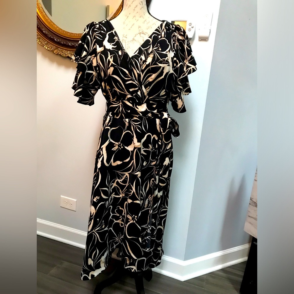 Floral Double Flutter Sleeve Faux Wrap Midi Dress SZ 16